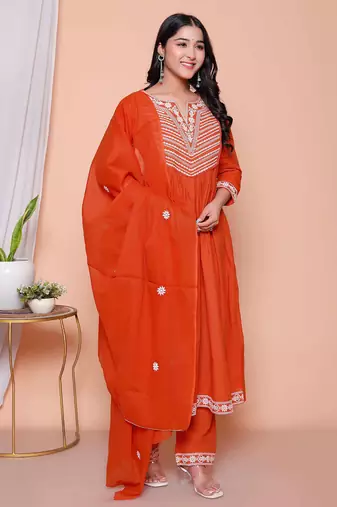  womens floral embroidered rust straight cotton kurta & palazzo with dupatta set