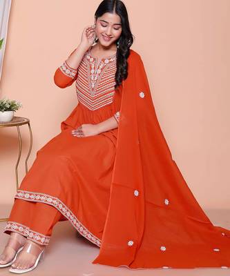  womens floral embroidered rust straight cotton kurta & palazzo with dupatta set 3