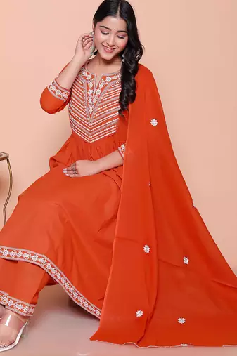  womens floral embroidered rust straight cotton kurta & palazzo with dupatta set