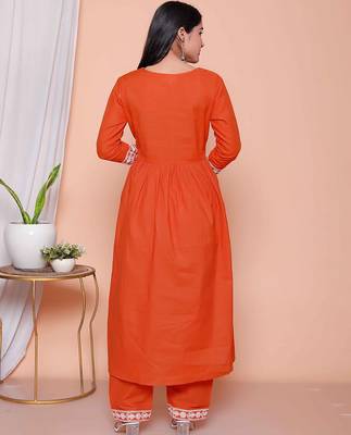  womens floral embroidered rust straight cotton kurta & palazzo with dupatta set 4