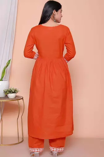  womens floral embroidered rust straight cotton kurta & palazzo with dupatta set