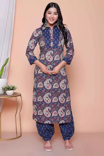  womens cotton floral printed shirt-collar straight kurta and palazzo set
