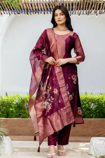 Women's Beautiful Jacquard Printed Work Organza viscose Fabric Straight Kurta Pant and Dupatta Set