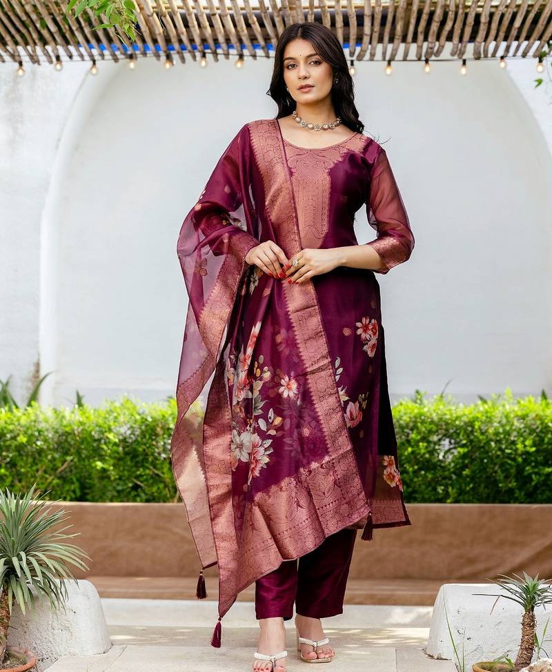 Women's Beautiful Jacquard Printed Work Organza viscose Fabric Straight Kurta Pant and Dupatta Set