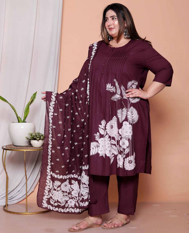  womens plus size wine floral kurta with palazzo and dupatta set