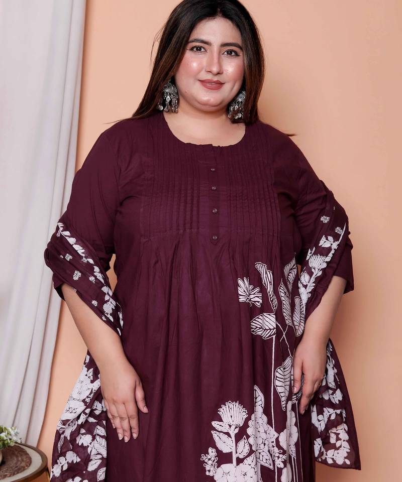  womens plus size wine floral kurta with palazzo and dupatta set