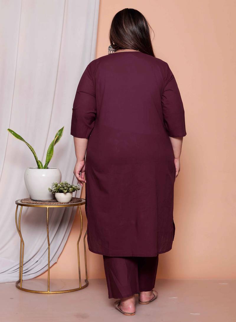  womens plus size wine floral kurta with palazzo and dupatta set