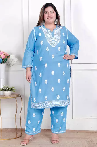  womens plus size blue embroidered kurta with palazzo