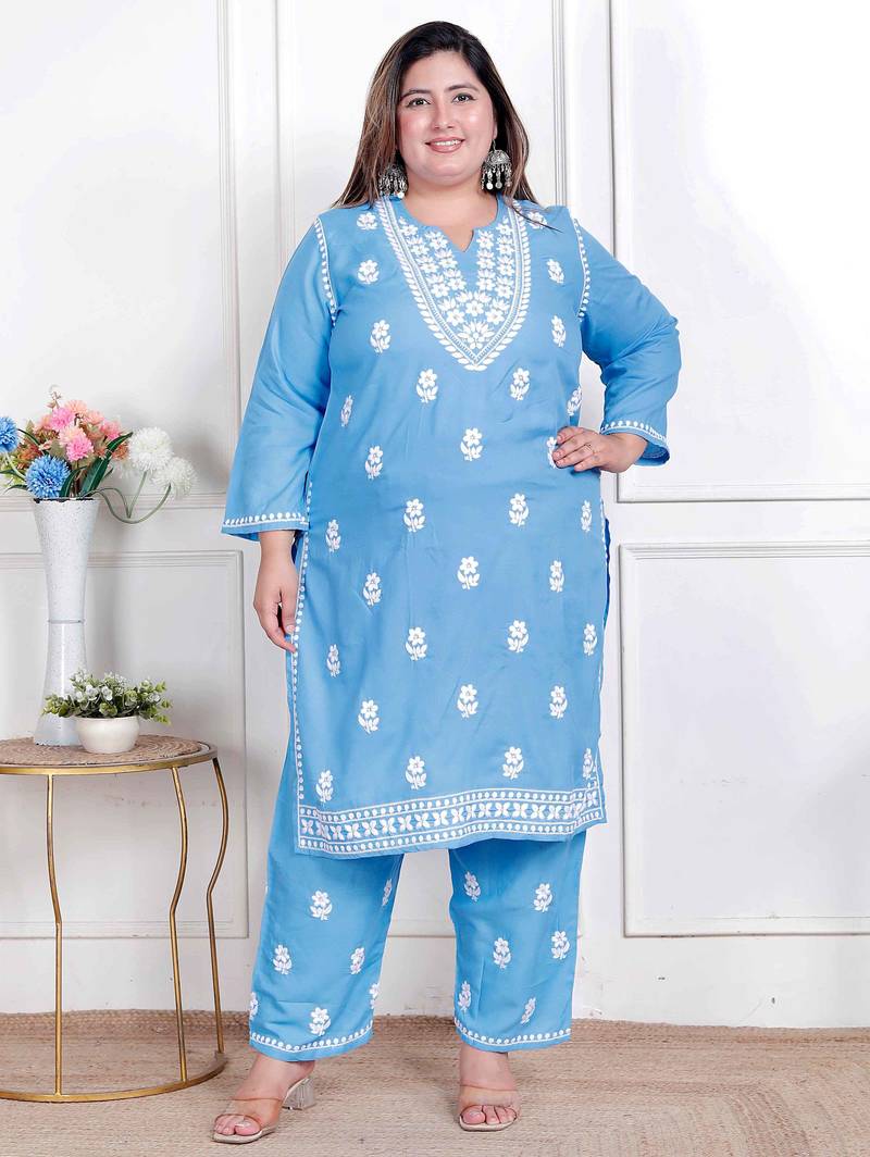  womens plus size blue embroidered kurta with palazzo