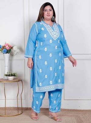  womens plus size blue embroidered kurta with palazzo 2