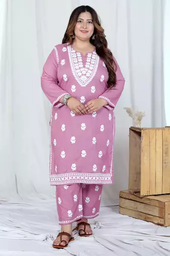  womens plus size pink embroidered kurta with palazzo