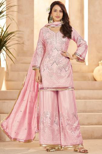 Elegant Pink Mirror Work Chinon Reception Wear Palazzo Suit