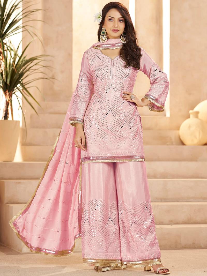 Elegant Pink Mirror Work Chinon Reception Wear Palazzo Suit