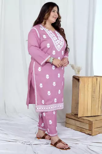  womens plus size pink embroidered kurta with palazzo