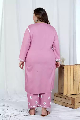  womens plus size pink embroidered kurta with palazzo