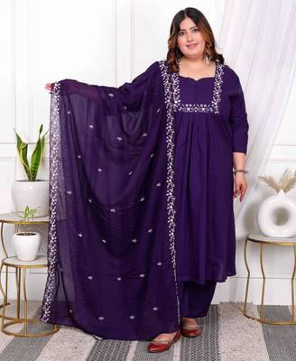  womens plus size purple embroidered kurta with palazzo and dupatta set 1