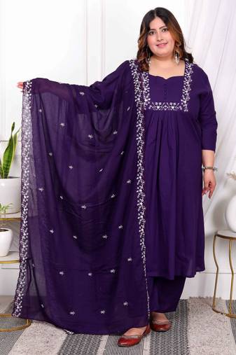  womens plus size purple embroidered kurta with palazzo and dupatta set