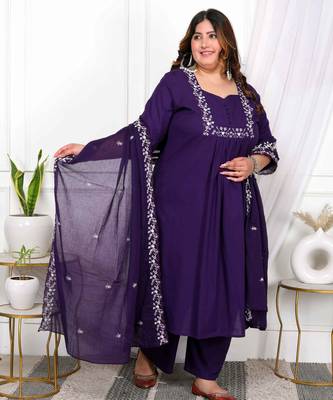  womens plus size purple embroidered kurta with palazzo and dupatta set 2