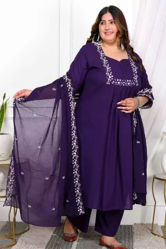  womens plus size purple embroidered kurta with palazzo and dupatta set