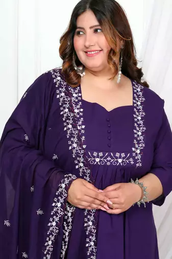  womens plus size purple embroidered kurta with palazzo and dupatta set