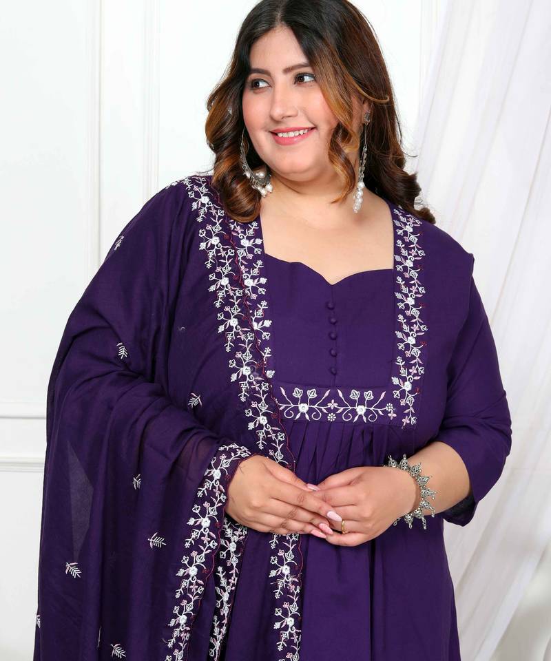  womens plus size purple embroidered kurta with palazzo and dupatta set