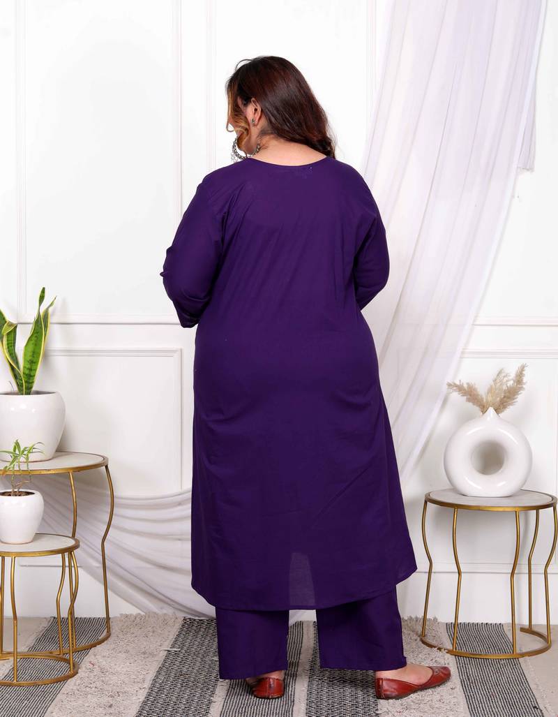 womens plus size purple embroidered kurta with palazzo and dupatta set