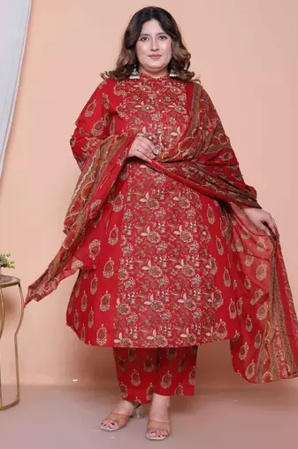  women floral print cotton maroon stitched kurta palazzo with dupatta set