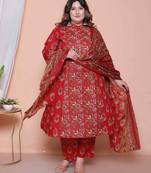  women floral print cotton maroon stitched kurta palazzo with dupatta set