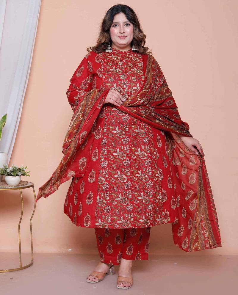  women floral print cotton maroon stitched kurta palazzo with dupatta set