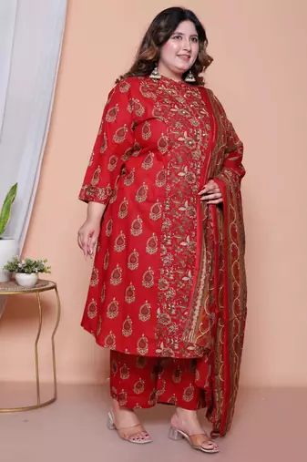  women floral print cotton maroon stitched kurta palazzo with dupatta set