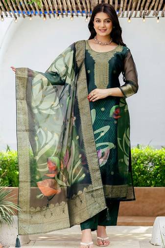 Women's Beautiful Jacquard Printed Work Organza viscose Fabric Straight Kurta Pant and Dupatta Set
