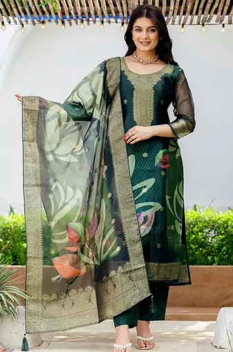 Women's Beautiful Jacquard Printed Work Organza viscose Fabric Straight Kurta Pant and Dupatta Set