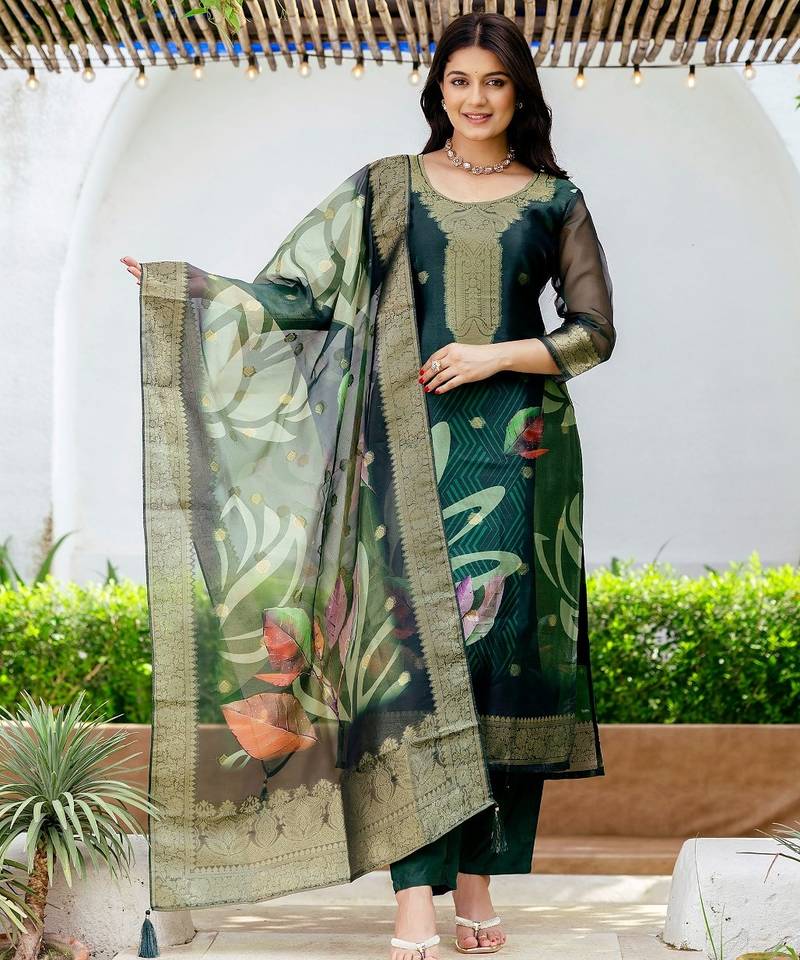 Women's Beautiful Jacquard Printed Work Organza viscose Fabric Straight Kurta Pant and Dupatta Set