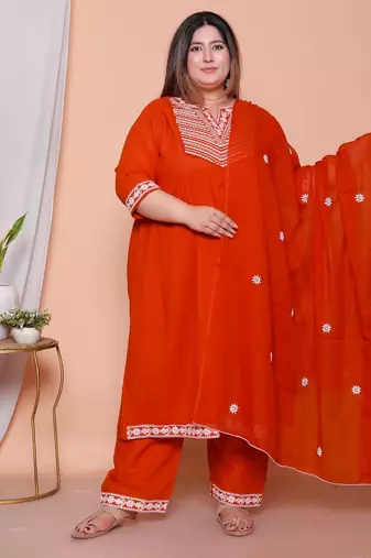  womens plus size floral embroidered rust straight cotton kurta & palazzo with dupatta set
