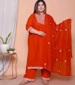  womens plus size floral embroidered rust straight cotton kurta & palazzo with dupatta set