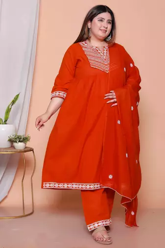  womens plus size floral embroidered rust straight cotton kurta & palazzo with dupatta set