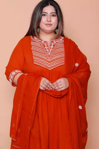  womens plus size floral embroidered rust straight cotton kurta & palazzo with dupatta set