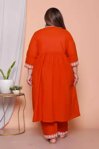  womens plus size floral embroidered rust straight cotton kurta & palazzo with dupatta set