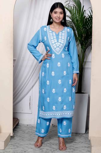  womens blue embroidered kurta with palazzo
