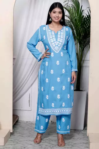  womens blue embroidered kurta with palazzo