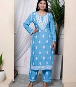  womens blue embroidered kurta with palazzo