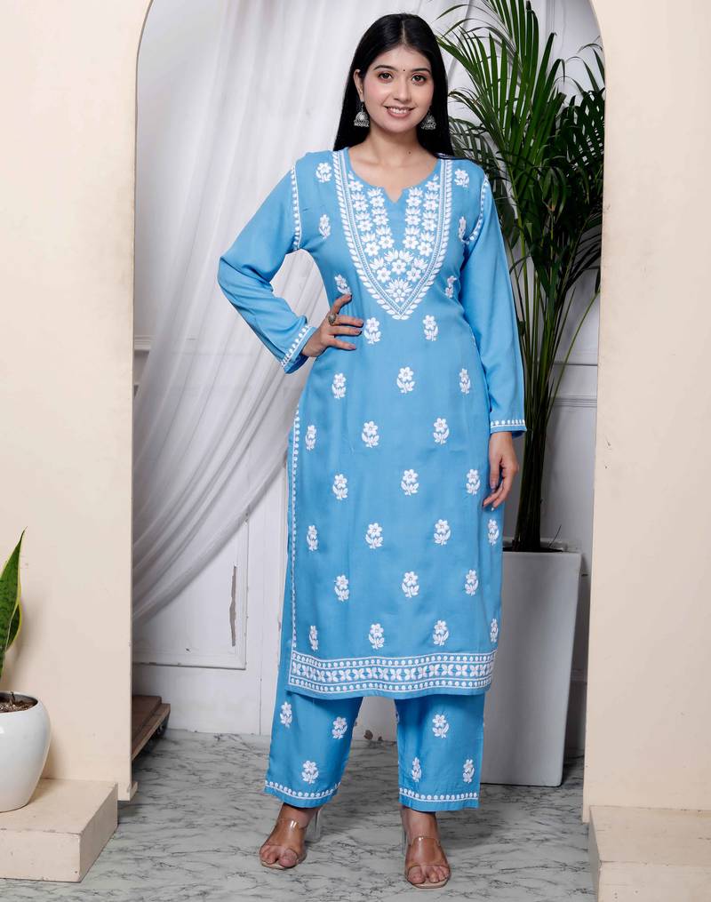  womens blue embroidered kurta with palazzo