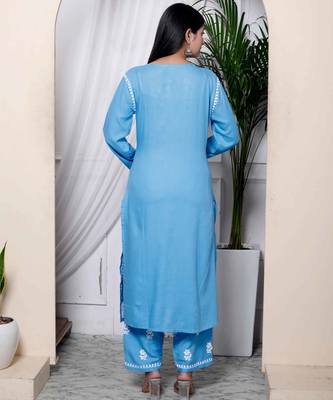  womens blue embroidered kurta with palazzo 4