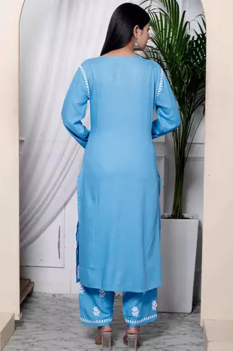  womens blue embroidered kurta with palazzo