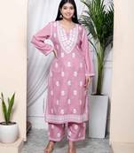  womens pink embroidered kurta with palazzo