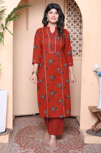  womens rust animal printed three quarter sleeves  pure cotton kurta with palazzo