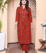 womens rust animal printed three quarter sleeves  pure cotton kurta with palazzo
