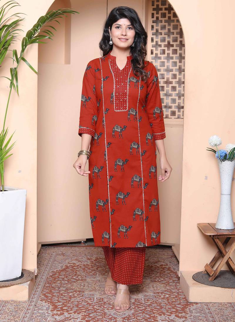  womens rust animal printed three quarter sleeves  pure cotton kurta with palazzo