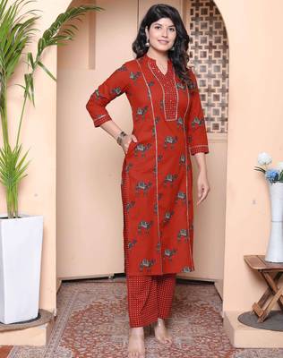  womens rust animal printed three quarter sleeves  pure cotton kurta with palazzo 2