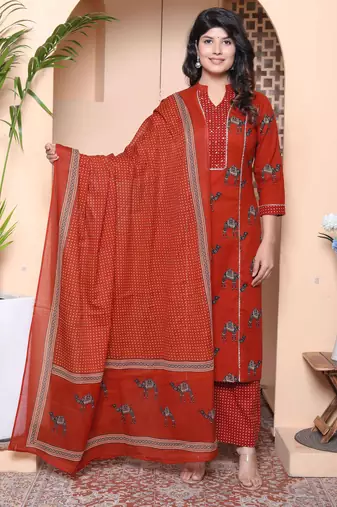  womens pure cotton animal printed straight kurta with palazzo & dupatta set